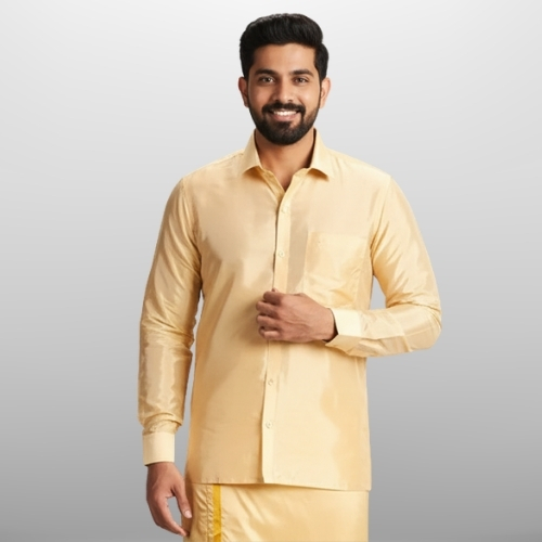 Art Silk Fresh Peach Shirt and Dhoti - Image 2
