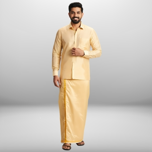 Art Silk Fresh Peach Shirt and Dhoti