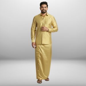 Art Silk Jari Gold Shirt and Dhoti
