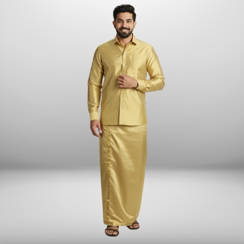 Art Silk Jari Gold Shirt and Dhoti