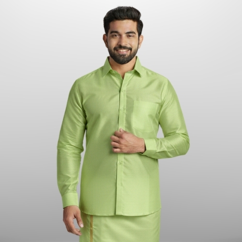 Art Silk Marine Green Shirt and Dhoti - Image 2