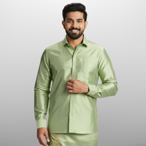 Art Silk Pista Green Shirt and Dhoti - Image 2