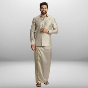 Art Silk Sand Stone Shirt and Dhoti
