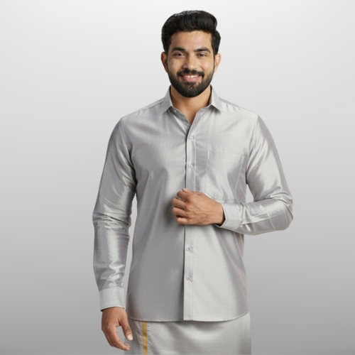 Art Silk Steel Grey Shirt and Dhoti - Image 2