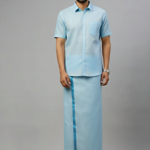 Tissue Sky Blue Shirt and Dhoti
