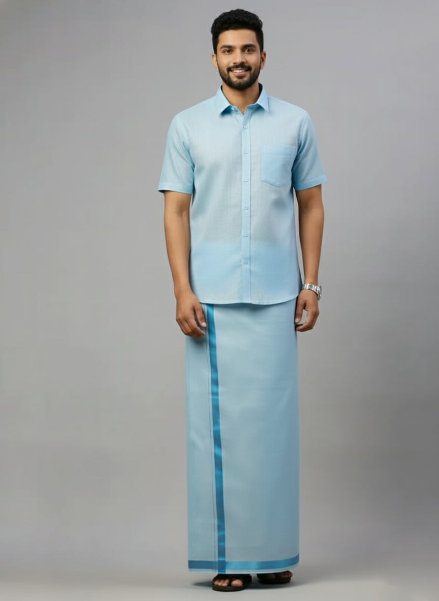 Tissue Sky Blue Shirt and Dhoti