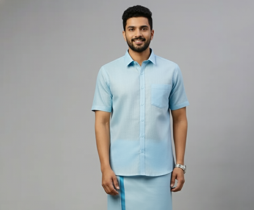 Tissue Sky Blue Shirt and Dhoti - Image 4