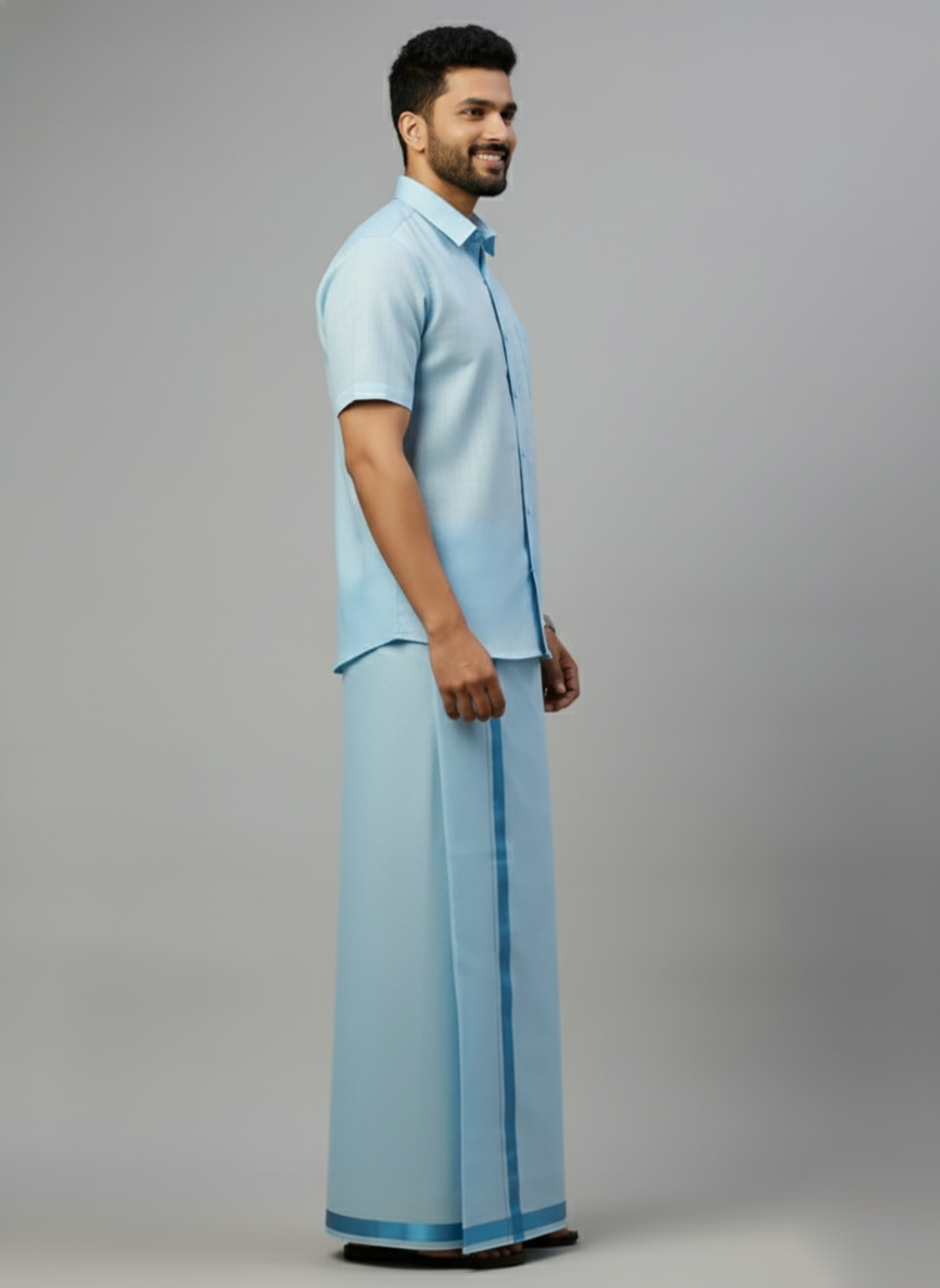 Tissue Sky Blue Shirt and Dhoti - Image 2